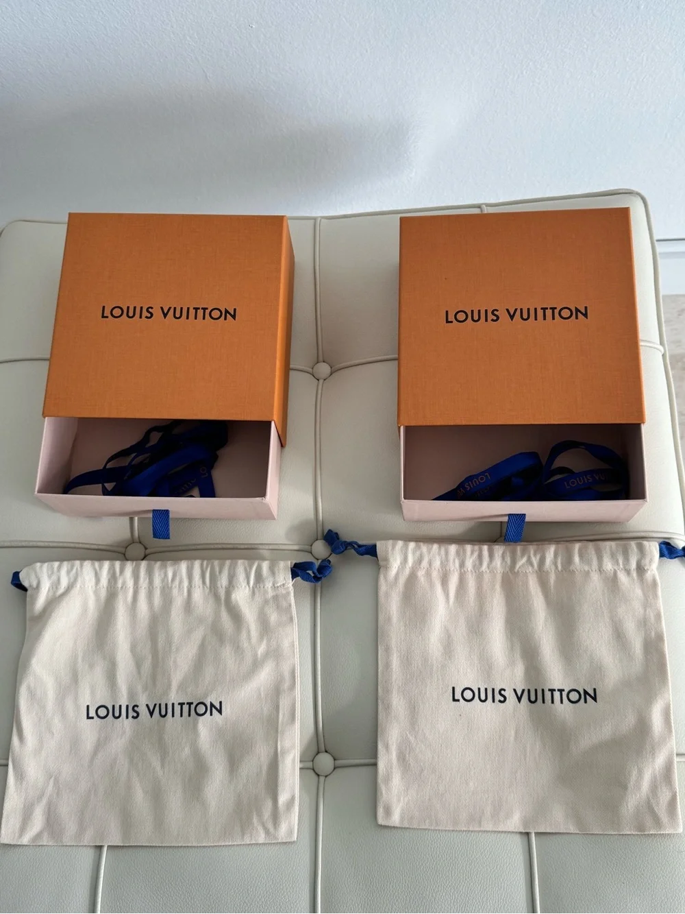 Louis Vuitton Orange Boxes with Cream Dust Bags and Blue Ribbons